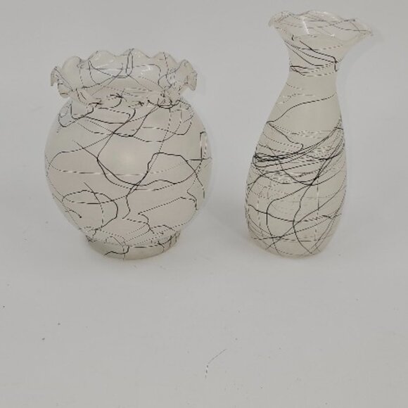 Pair of Vintage Anchor Hocking Frosted DRIZZLE Glass Vases Spaghetti String MCM - Picture 4 of 8